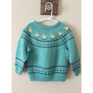 Vintage Hand Knit Girls Sweater Green Fair Isle Yellow Ducks